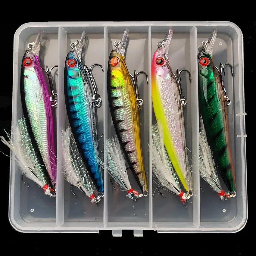 Fishing Equipment Carp - 3Dレーザーアイミノールアー,フェザー付きハードベイト,最大キャッチ,5ピース/箱,13.3g/6.8g